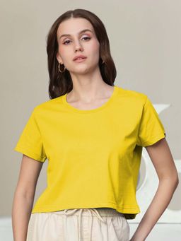 PRONK - Yellow Half Sleeves Solid/Plain Round Neck Crop Top