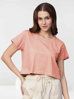 PRONK - Pink Half Sleeves Solid/Plain Round Neck Crop Top