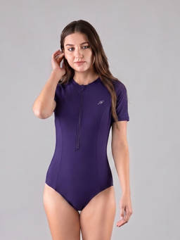 Keepfit - Women Half Sleeves Zippered Purple Bodysuit Swimwear