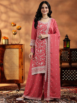 Libas - Women Rose Pink Kurta and Palazzo with Dupatta (Set of 3)