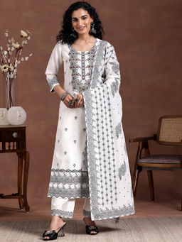 Libas - Women White Kurta and Trousers with Dupatta (Set of 3)