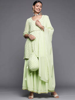 Libas - Women Kurta and Sharara with Dupatta Green & Potli Bag (Set of 4)