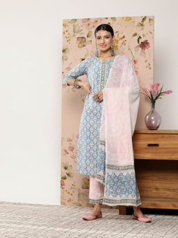 Libas - Women Kurta and Trousers with Dupatta Blue (Set of 3)