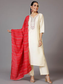 Libas - Women Kurta and Trousers with Dupatta Off White (Set of 3)