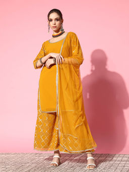 Libas - Women Yellow Kurta and Palazzo with Dupatta (Set of 3)