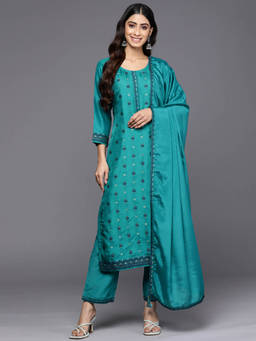 Libas - Women Kurta and Trousers with Dupatta Turquoise Blue (Set of 3)
