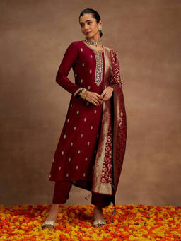 Libas - Women Kurta and Trousers with Dupatta Maroon (Set of 3)