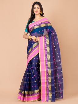 LAA CALCUTTA - Navy Blue and Pink Pure Cotton Tant Saree