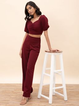 Twenty Dresses by Nykaa Fashion - Maroon Solid Crop Top Straight Fit Pants Set of 2