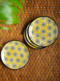 ExclusiveLane - 'Californian Sunflowers' Hand-Painted Ceramic Dinner Plates (Set Of 4)