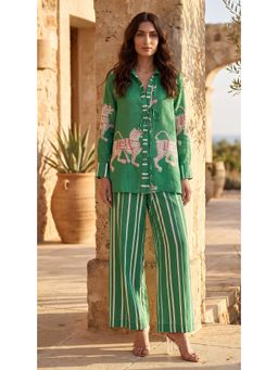 Basanti Kapde aur Koffee - Muslin Abstract Green Shirt and Pant Set