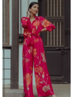 Paulmi & Harsh - Pink Anara Women Polyester Crepe Floral Shirt and Palazzo