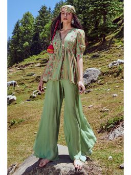Paulmi & Harsh - Green Eden Women Crepe Embroidered Top and Palazzo