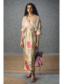 Paulmi & Harsh - Off White Lya Women Silk Floral Shirt with Skirt