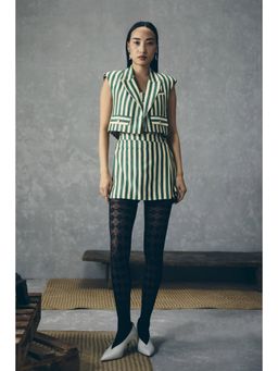 Paulmi & Harsh - Green Mori Women Silk Stripes Blazer with Blouse and Skort