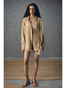 Paulmi & Harsh - Ivory Nori Women Chiniya Silk Checks Shirt with Bustier and Shorts