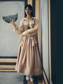Paulmi & Harsh - Nude Izumi Women Silk Embroidered Shirt with Bustier and Skirt