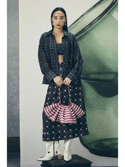 Paulmi & Harsh - Navy Blue Mika Women Silk Checks Shirt with Bustier and Skirt