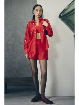 Paulmi & Harsh - Red Nori Women Chiniya Silk Checks Shirt with Bustier and Shorts