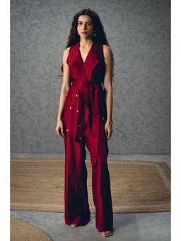 Paulmi & Harsh - Burgundy Alba Women Silk Solid Top and Pant