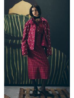 Paulmi & Harsh - Maroon Botan Women Silk Checks Shirt with Skirt and Blazer