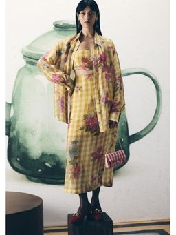 Paulmi & Harsh - Yellow Yuki Women Silk Floral Shirt with Bustier and Skirt