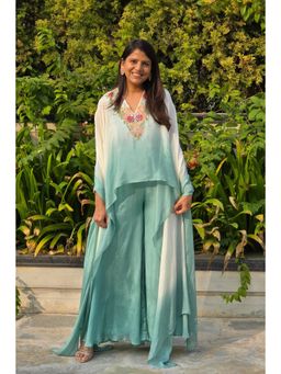 Pink Tree - Blue Chinon Embroidered Cape Top with Palazzo
