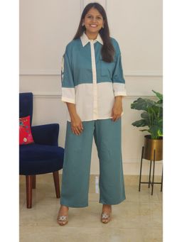 Pink Tree - Turquoise Cotton Satin Plain Shirt with Pant Co-Ord