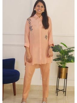 Pink Tree - Peach Cotton Satin Mirror Work Top with Pant Co-Ord