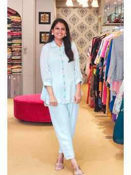 Pink Tree - Blue Chinon Thread Work Top with Pant Co-Ord