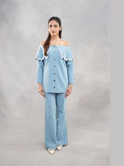 SAKSHI G CHAWLA - Sage Blue Denim Solid/Plain Shirt with Pant