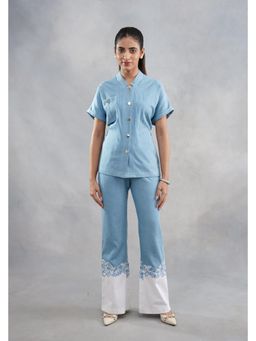 SAKSHI G CHAWLA - Facon Blue Denim Embroidered Shirt with Pant