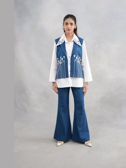 SAKSHI G CHAWLA - Milana Blue Denim Embroidered Shirt with Pant and Jacket