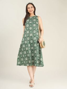 SPARSA - Green Printed Sleeveless A-Line Cotton Dress