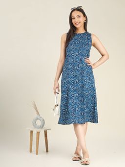 SPARSA - Blue Printed Sleeveless A-Line Cotton Dress