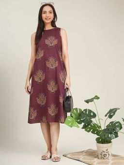 SPARSA - Purple Printed Sleeveless A-Line Cotton Dress