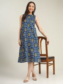 SPARSA - Blue Printed Sleeveless A-Line Cotton Dress