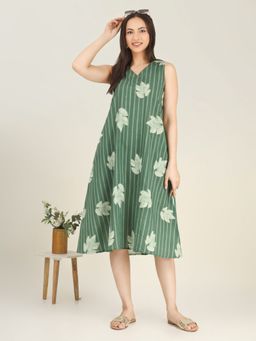 SPARSA - Green Printed Sleeveless V-Neck A-Line Cotton Dress