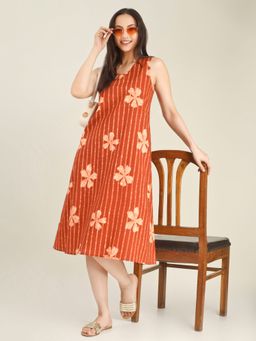 SPARSA - Orange Printed Sleeveless V-Neck A-Line Cotton Dress