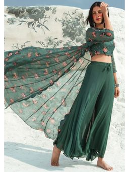 Paulmi & Harsh - Green Calyx Women Georgette Floral Blouse with Jacket and Palazzo