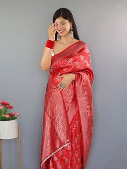 Odette - Red Silk Woven Saree with Unstitched Blouse