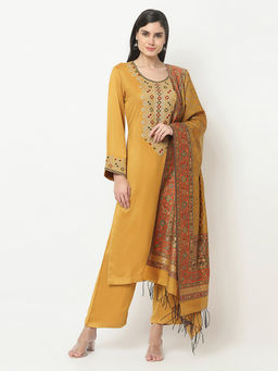 Safaa - Womens Yellow Acro Wool Woven Unstitched Suit with Katan silk Dupatta (Set of 3)