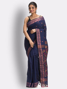 Angoshobha - Navy Blue Handloom Tranditional Tangail Cotton Saree with Unstitched Blouse