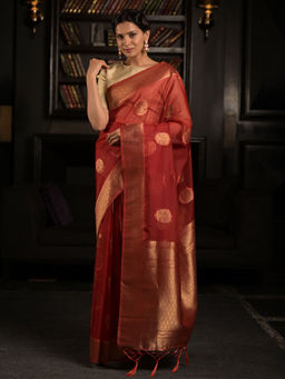 EXCLUSIVA - Maroonish Red Woven Organza Silk Saree with Unstitched Blouse