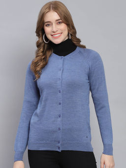 Monte Carlo - Blue Solid Round Neck Full Sleeve Cardigan