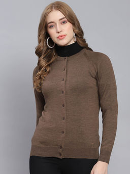 Monte Carlo - Brown Solid Round Neck Full Sleeve Cardigan