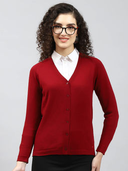 Monte Carlo - Red Solid V Neck Full Sleeve Cardigan
