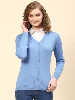 Monte Carlo - Sky Blue Solid V Neck Full Sleeve Cardigan