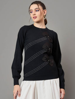 KASMA - Black Self Design Pullover Sweater