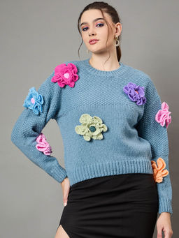 KASMA - Blue Self Design Pullover Sweater